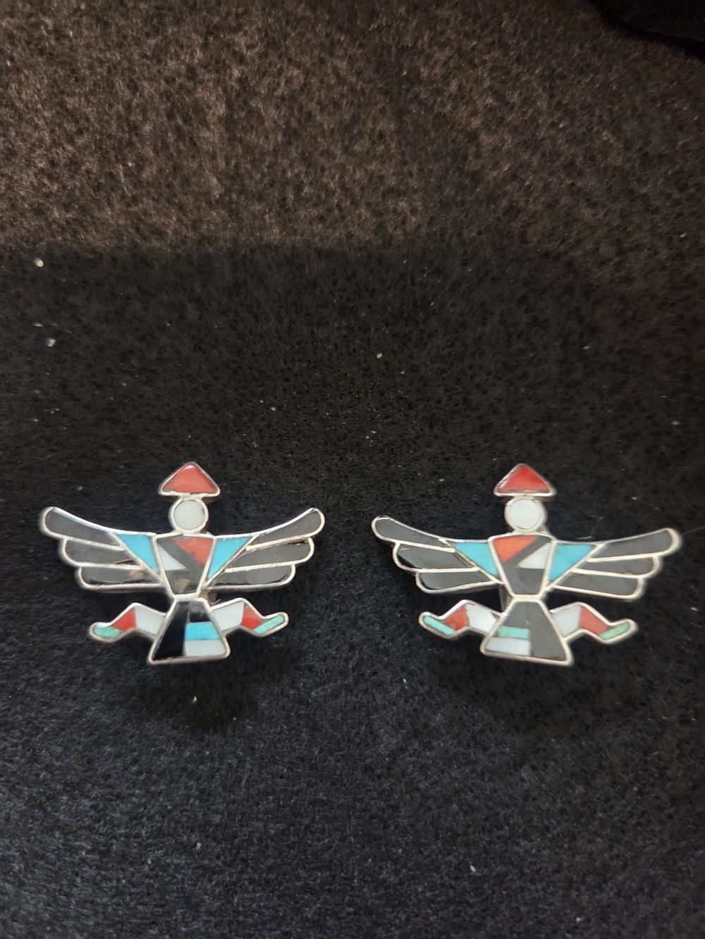 Zuni Indian Sterling Silver Inlaid Thunderbird Earrings